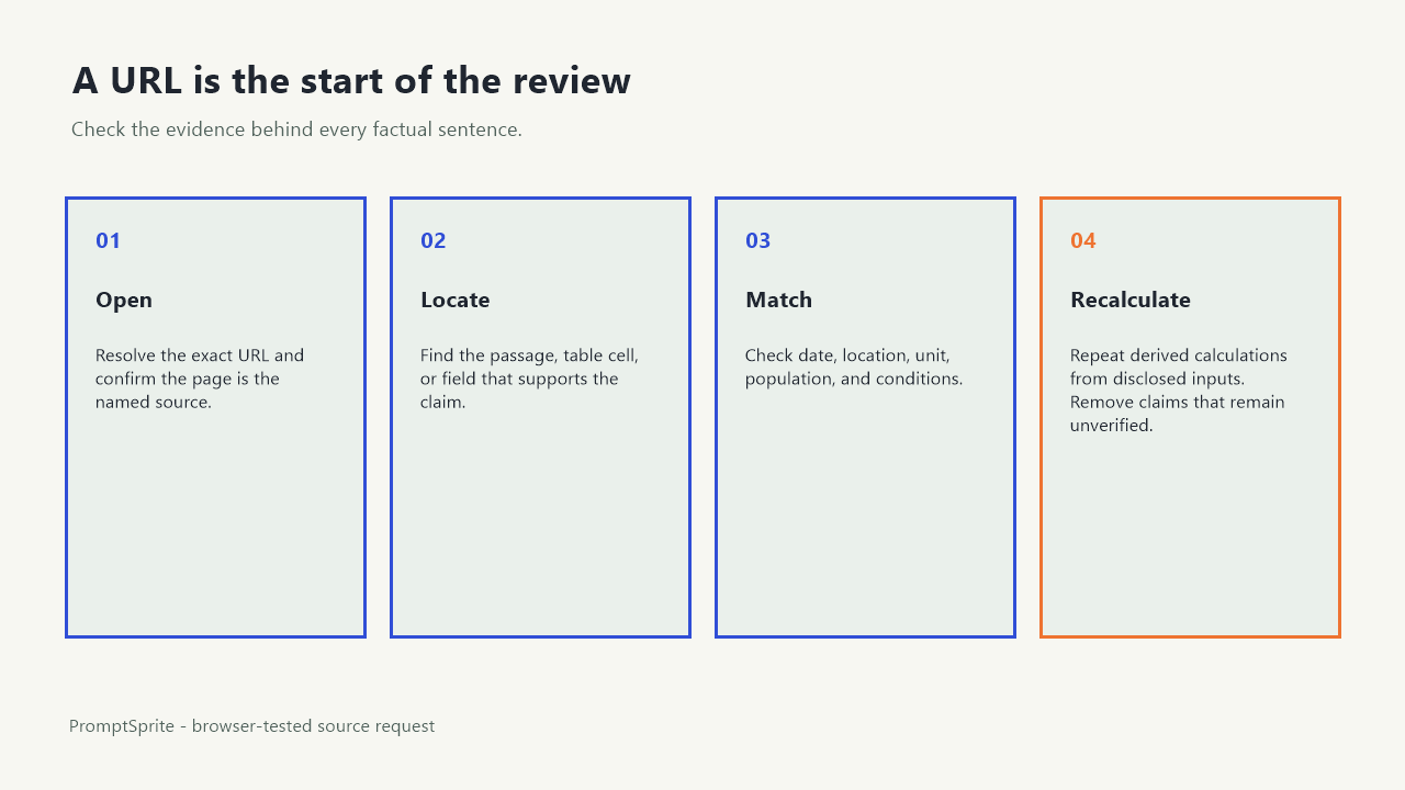 A checklist for opening a citation, locating support, checking date and scope, and recalculating derived values.