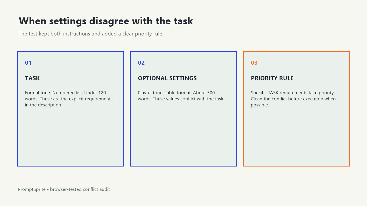 A diagram showing explicit task requirements and conflicting optional settings flowing into a task-priority rule.