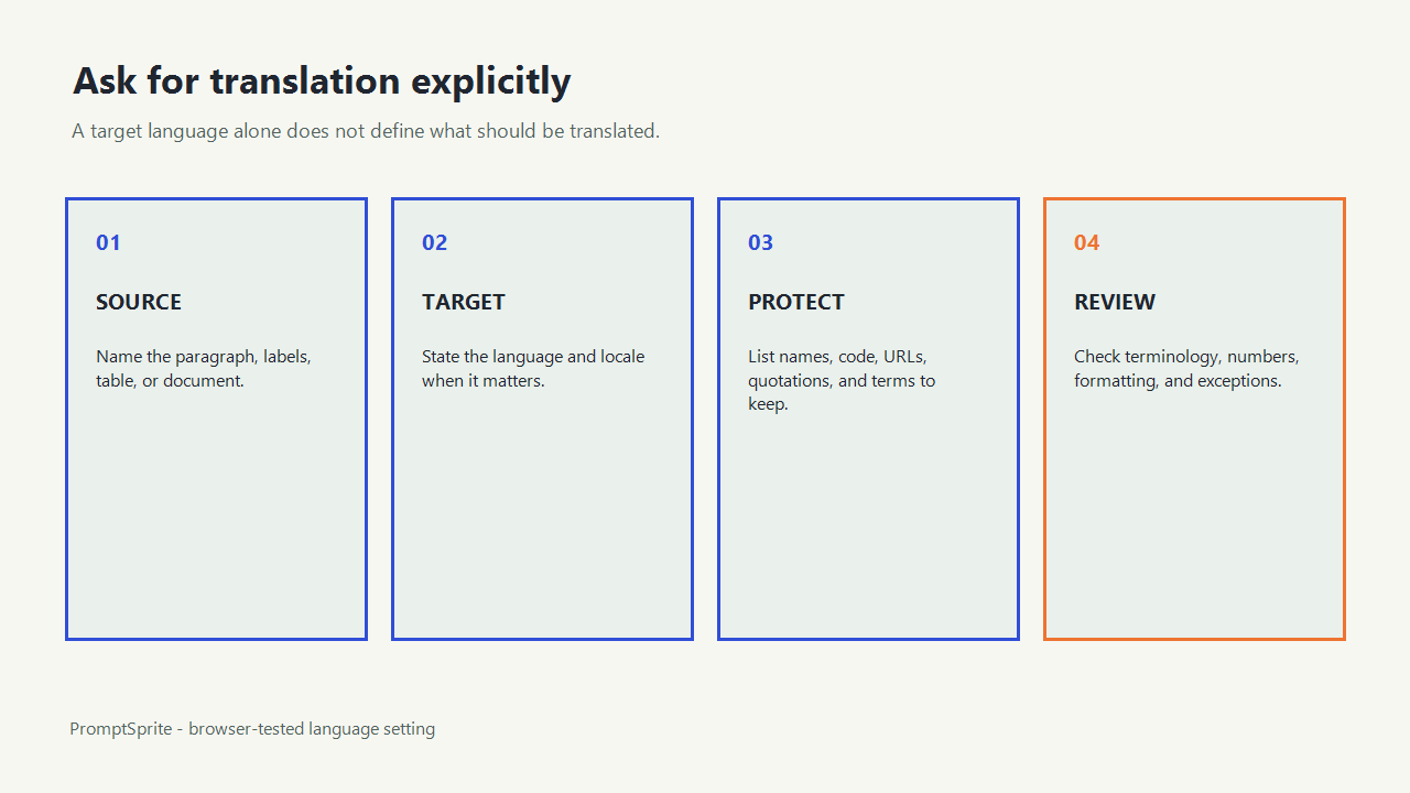 A four-step translation handoff covering source scope, target language, protected terms, and review.