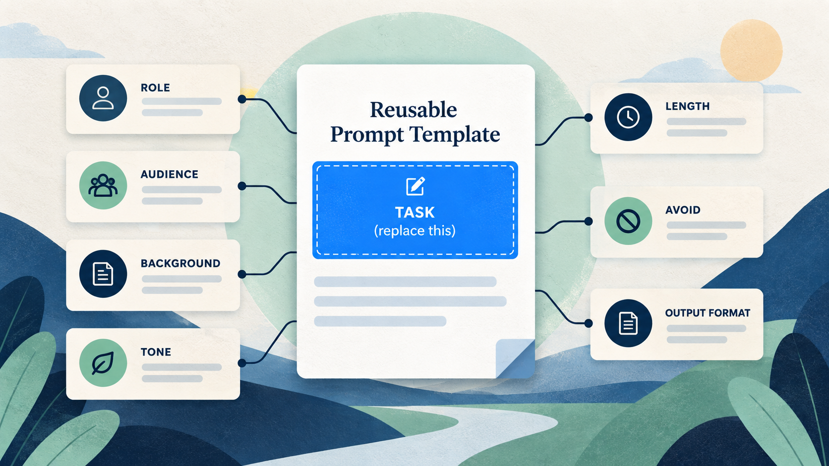 A reusable prompt template with one replaceable task slot and retained role, audience, background, tone, length, avoid, and output-format fields.