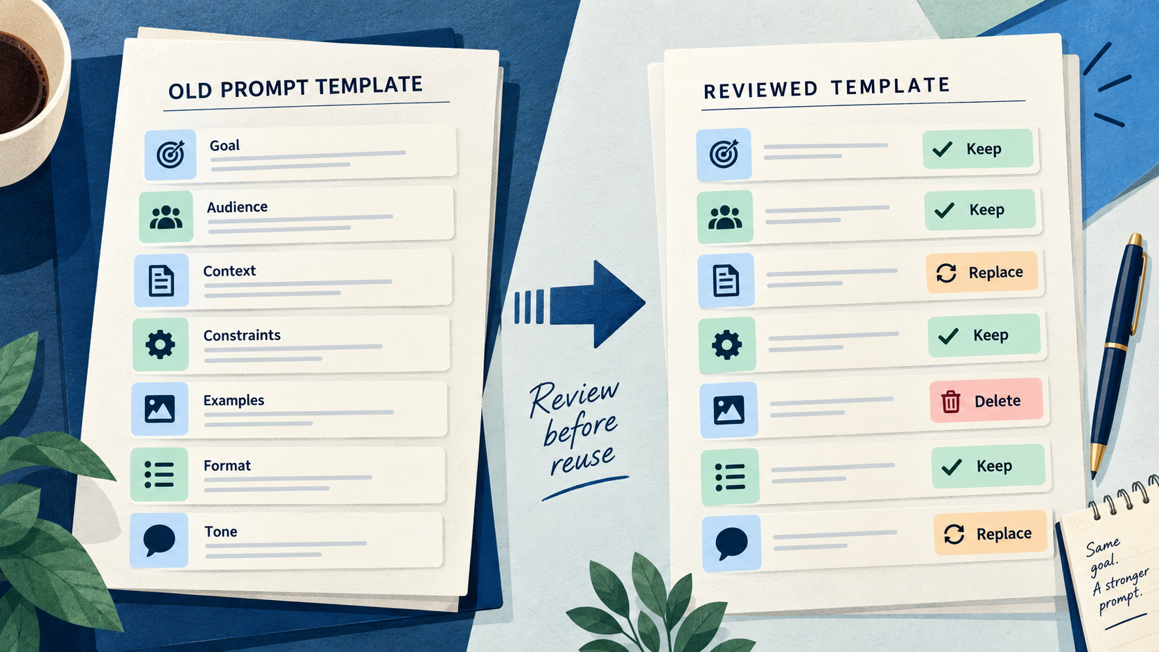 An old prompt template reviewed field by field with keep, replace, and delete decisions.