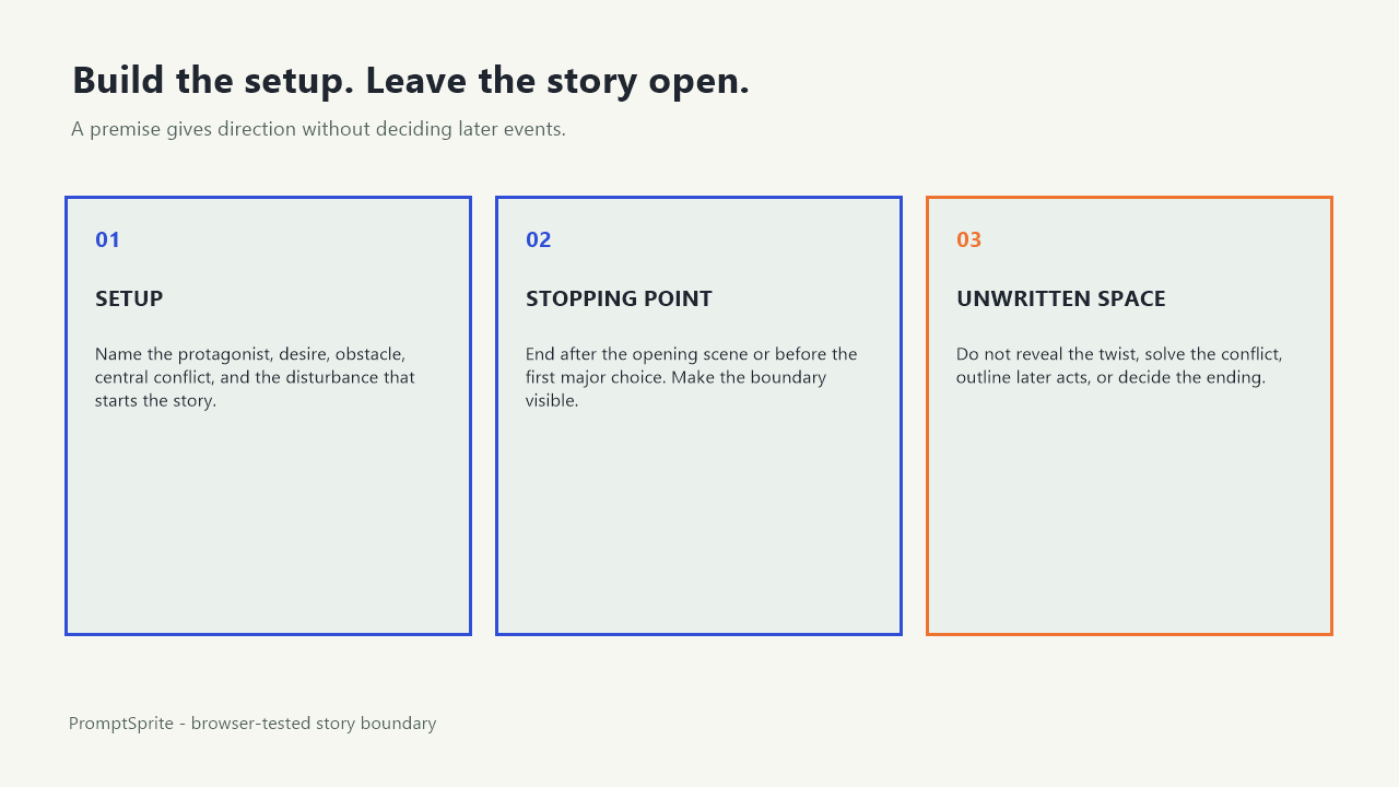 A three-part diagram showing story setup components, an opening-scene boundary, and unwritten later events.